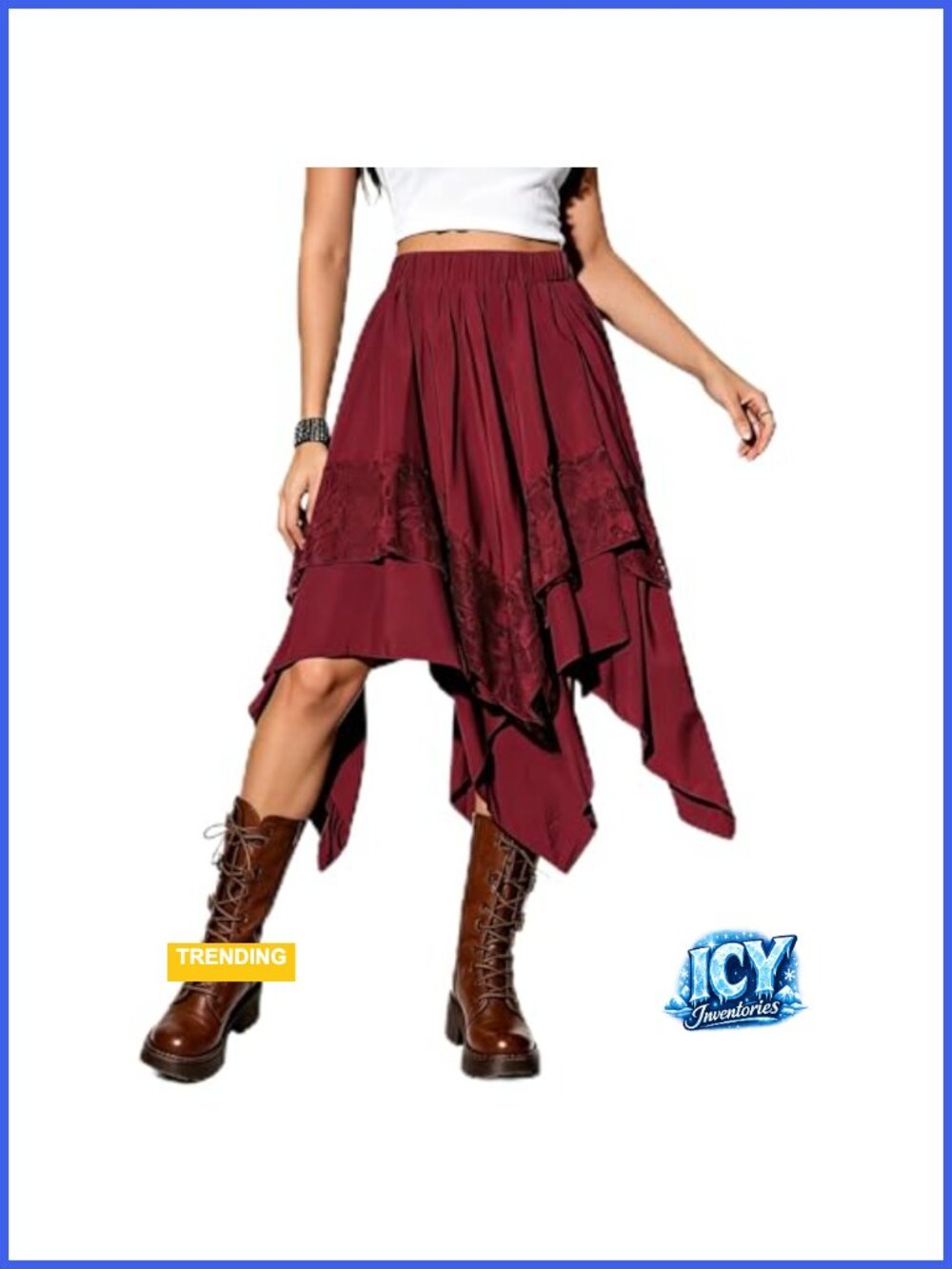Flowy A-Line Gothic Skirt with Lace Trim, Handkerchief Hem